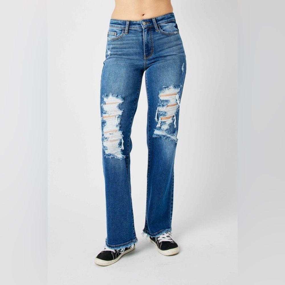 BOUTIQUE Judy Blue Mid Rise Distressed Raw Hem Jeans, in Medium Blue